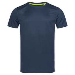 A navy blue crew neck t-shirt with short sleeves, featuring a contrasting inner neckline and a logo.