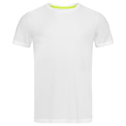 A white crew neck t-shirt with short sleeves, featuring a bright yellow accent inside the neckline and a logo.