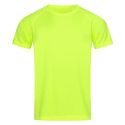 A bright yellow men's active T-shirt with short sleeves and a raglan design. It features a logo on the garment.