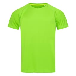 A vibrant lime green men's active T-shirt with a raglan design and short sleeves, featuring a logo.