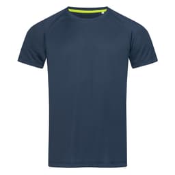A navy blue men's active T-shirt with a raglan design and a contrasting lime green collar. It features a logo.