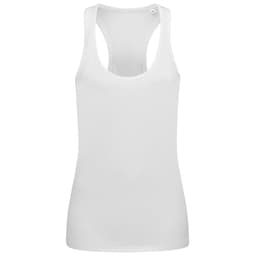 A white women's active tank top with a scoop neckline and racerback design, featuring a small logo.