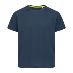 A navy blue kids' t-shirt with raglan sleeves and a contrast neckline. It features a logo on the side.