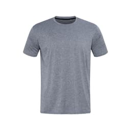 A grey patterned men's T-shirt with a round neck and short sleeves, featuring a logo on the chest.