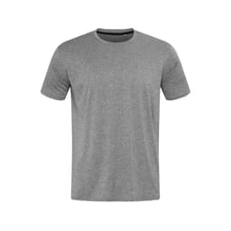 A grey T-shirt with short sleeves and a crew neckline. Features a logo on the front.
