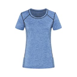 A blue athletic T-shirt with short sleeves and contrasting seams, featuring a logo.