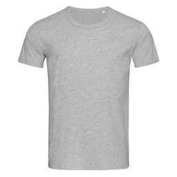 A grey crew neck t-shirt with short sleeves, featuring a small logo on the side.