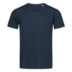A navy blue men's t-shirt with a V-neck design. The shirt features a small logo on the neckline.