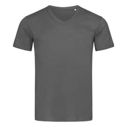A grey men's V-neck T-shirt with short sleeves and a subtle logo on the side.