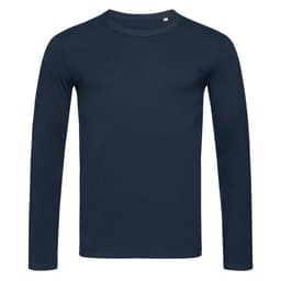 A long sleeve, navy blue T-shirt featuring a round neckline and a simple design, with a logo on the front.
