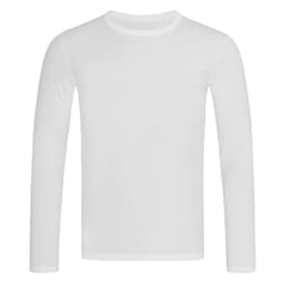 A white long-sleeve t-shirt with a round neck and a small logo on the neckline.