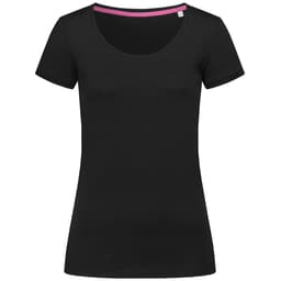 A black women's T-shirt with a crew neck and short sleeves, featuring a contrasting inner neckline and a logo.