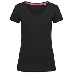 A black women's t-shirt featuring a V-neck design and short sleeves, with a hint of pink on the neckline.