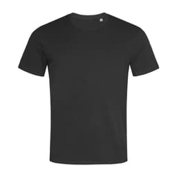 A black crew neck t-shirt with short sleeves. The shirt features a logo on the front.