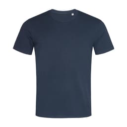 A navy blue men's crew neck t-shirt with short sleeves and a small logo on the collar.