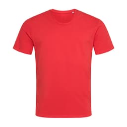 A red crew neck t-shirt with short sleeves and a small logo on the neckline.