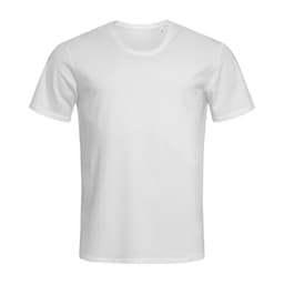 A plain white men's crew neck t-shirt with short sleeves, featuring a logo on one side.