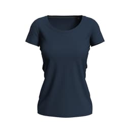 A women's crew neck t-shirt in navy blue with a fitted design and short sleeves, featuring a branding logo.