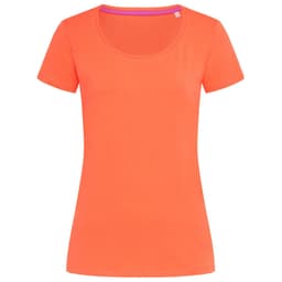 A women's crew neck t-shirt in vibrant orange with short sleeves and a scoop neckline, featuring a logo.