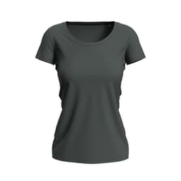 A dark green women's crew neck t-shirt with short sleeves and a fitted design. It features a logo on the garment.