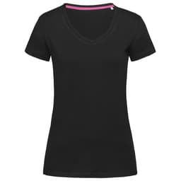 A black women's t-shirt with a V-neck design and short sleeves, featuring a pink accent on the neckline.