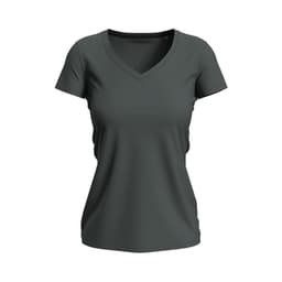 A women's V-neck t-shirt in a dark green colour, featuring a fitted design and short sleeves. It has a logo.