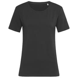 A black women's crew neck t-shirt with short sleeves and a relaxed fit, featuring a subtle branding tag.