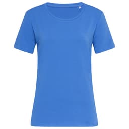 A blue women's crew neck t-shirt with short sleeves and no visible logos or branding.