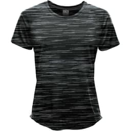 A women's T-shirt in dark green with a textured pattern, featuring a logo at the neckline.