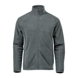 A men's fleece jacket in grey, featuring a high collar and zip front, with side pockets and branding.