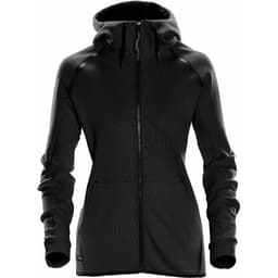 A black women's hoodie with a zip front, pockets, and a hood, featuring a logo on the side.