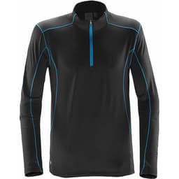 A black men's polar fleece pullover with blue stitching and a zippered collar. It features a logo on the chest.