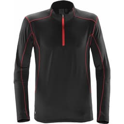 A black pullover with red piping, featuring a half zip and long sleeves, designed in polar fleece material.