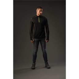 A black men's fleece pullover with contrasting green accents, featuring a zip collar and long sleeves.