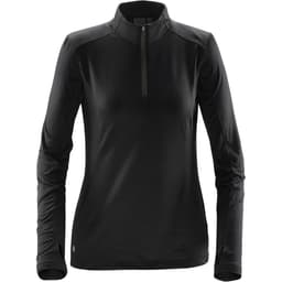 A women's black fleece pullover with a quarter zip and long sleeves, featuring a small logo on the hem.