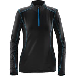 A women's long-sleeve black fleece pullover with blue piping and a zip collar, featuring a logo.