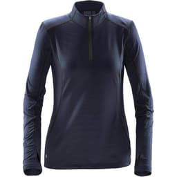 A navy women's fleece pullover with a half-zip collar and long sleeves, featuring a logo on the hem.