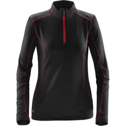 A women's black fleece pullover with red accents and a quarter zip, featuring long sleeves and a logo.