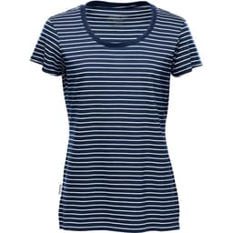 A navy and white striped women's crew neck t-shirt with short sleeves and a logo on the side.