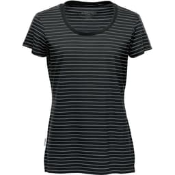 A women's crew neck t-shirt in black with horizontal stripes, featuring a logo. Short sleeves and a relaxed fit.