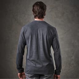 A long-sleeve henley shirt in dark grey, featuring a simple design and a logo on the back.