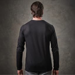 A long-sleeve black T-shirt displayed from the back, featuring a simple design and a fitted silhouette.
