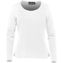 A white long-sleeve women's t-shirt with a round neckline and a branded tag inside.