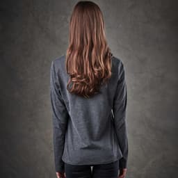 A long-sleeved grey women's tee viewed from the back, featuring a simple design and a logo.