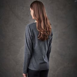 A long-sleeved women's T-shirt in a dark grey colour, featuring a simple design and a back view.
