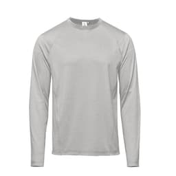 A long-sleeve grey T-shirt featuring a sleek design and a logo. Ideal for casual wear.