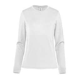 A long-sleeve white women's tee featuring a round neck and fitted sleeves. The shirt includes a brand logo.