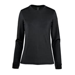 A black long-sleeve women's t-shirt with a fitted design and a logo.