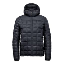 A puffer jacket in black, featuring a hood and a quilted design, with a zip closure and branding.