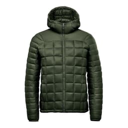 A green puffer jacket with a hood, featuring a quilted design and a zip closure at the front. It has a logo.